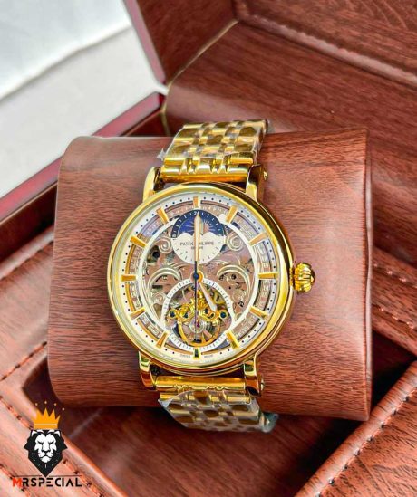 ساعت مچی مردانه پتک فیلیپ اتوماتیک اسکلتون طلایی صفحه سفید Patek Philippe 9655