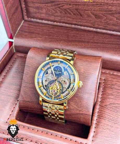 معرفی ساعت مچی مردانه پتک فیلیپ اتوماتیک اسکلتون طلایی صفحه مشکی Patek Philippe9655 ساعت زنانه پتک فیلیپ از اصیل ترین مدل های خانواده‌ی مشهور پتک فیلیپ با بیشترین طرفدار در دنیا می‌باشد. موتور این ساعت تک زمانه اتوماتیک ساخت ژاپن می‌باشد. جنس بند نیز استینلس استیل ضد رنگ و ضد حساسیت  بوده ، جنس شیشه و قاب این ساعت به ترتیب از مینرال گلس با کیفیت و استینلس استیل ضد رنگ و ضد حساسیت می‌باشد . ایندکس و عقربه های این مدل ساعت مچی پتک فیلیپ دارای قابلیت شب تاب می باشد .