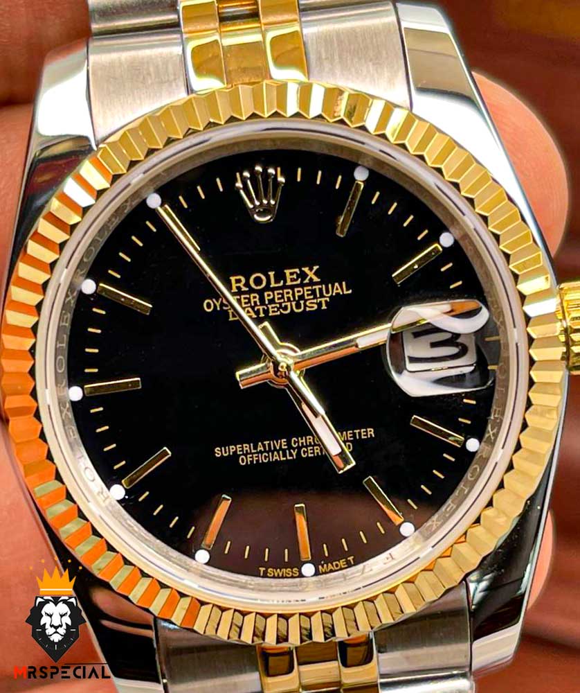 ساعت مچی مردانه رولکس مدل دیت جاست دو رنگ طلایی صفحه مشکی Rolex Datejust