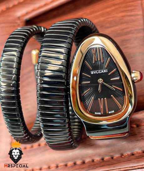 ساعت مچی زنانه بولگاری ماری دستبندی 3 دور مشکی رزگلد BVLGARI SERPENTI TUBOGAS 2343