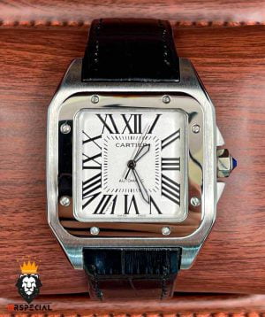 ساعت مچی مردانه کارتیه سانتوس بند چرم موتور کوارتز Cartier Santos100