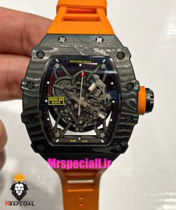  ساعت ریچارد میل مردانه قاب کربن اتوماتیک بند رابر نارنجی صفحه اسکلتون 021439 RICHARD MILLE 