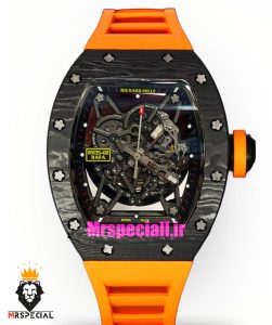 ساعت ریچارد میل مردانه قاب کربن اتوماتیک بند رابر نارنجی صفحه اسکلتون 021439 RICHARD MILLE