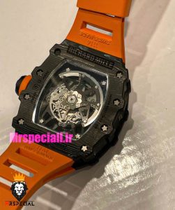  ساعت ریچارد میل مردانه قاب کربن اتوماتیک بند رابر نارنجی صفحه اسکلتون 021439 RICHARD MILLE 