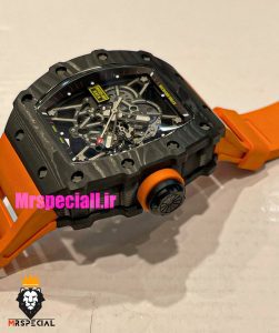  ساعت ریچارد میل مردانه قاب کربن اتوماتیک بند رابر نارنجی صفحه اسکلتون 021439 RICHARD MILLE 