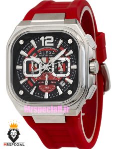 ساعت الکسا مردانه اورجینال کرنوگراف بند رابر قرمز قاب چهارگوش صفحه مشکی قرمز 021100 ALEXA Professional 