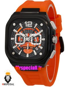 ساعت الکسا مردانه اورجینال کرنوگراف بند رابر نارنجی قاب چهارگوش صفحه مشکی نارنجی 021101 ALEXA Professional