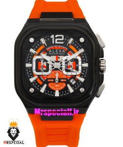 ساعت الکسا مردانه اورجینال کرنوگراف بند رابر نارنجی قاب چهارگوش صفحه مشکی نارنجی 021101 ALEXA Professional