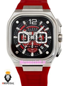 ساعت الکسا مردانه اورجینال کرنوگراف بند رابر قرمز قاب چهارگوش صفحه مشکی قرمز 021100 ALEXA Professional 