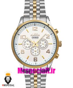 ساعت الکسا مردانه اورجینال بند استیل دو رنگ طلایی صفحه سفید 020978 ALEXA Premier 