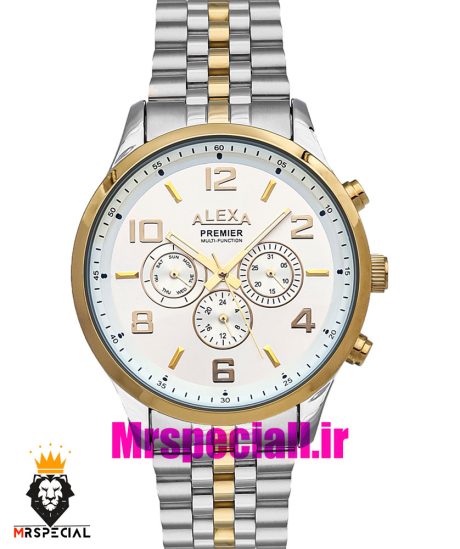 ساعت الکسا مردانه اورجینال بند استیل دو رنگ طلایی صفحه سفید 020978 ALEXA Premier