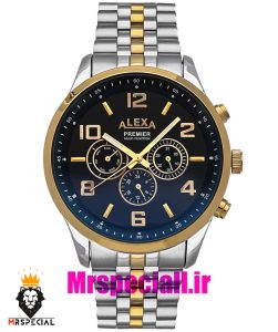 ساعت الکسا مردانه اورجینال بند استیل دو رنگ طلایی صفحه مشکی 020979 ALEXA Premier