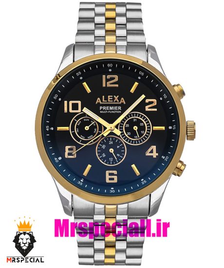ساعت الکسا مردانه اورجینال بند استیل دو رنگ طلایی صفحه مشکی 020979 ALEXA Premier