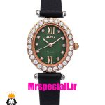 ساعت الکسا زنانه رزگلد بند چرم صفحه بیضی قاب نگین دار صفحه سبز 020925 ALEXA Special
