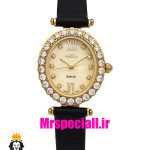 ساعت الکسا زنانه بند چرم صفحه بیضی قاب نگین دار صفحه طلایی 020924 ALEXA Special