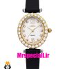 ساعت الکسا زنانه طلایی نقره ای بند چرم صفحه بیضی قاب نگین دار صفحه سفید 020927 ALEXA Special