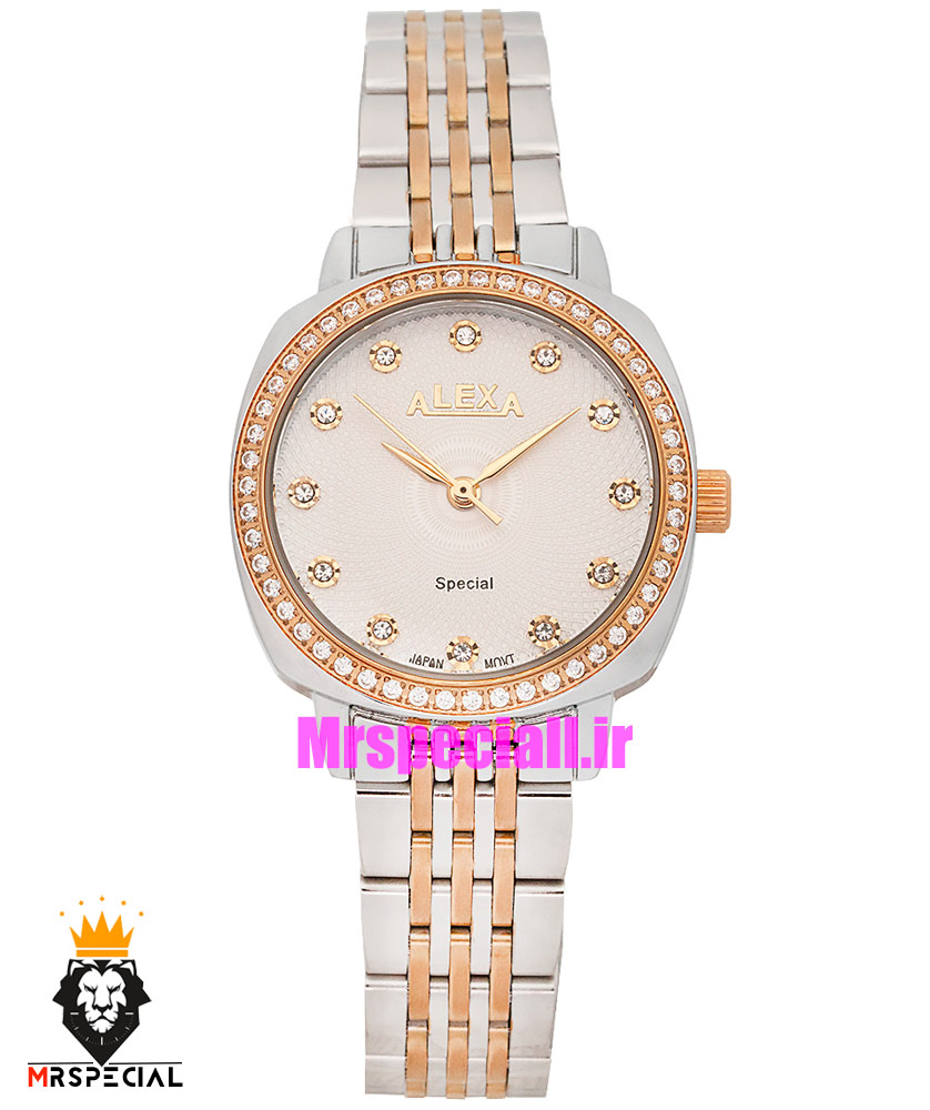 ساعت الکسا زنانه اورجینال استیل دو رنگ رزگلد قاب نگین صفحه سفید 021160 ALEXA Special