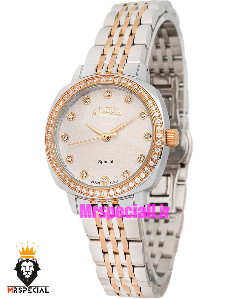 ساعت الکسا زنانه اورجینال استیل دو رنگ رزگلد قاب نگین صفحه سفید 021160 ALEXA Special