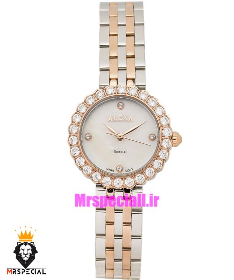 ساعت الکسا زنانه اورجینال استیل دو رنگ رزگلد قاب نگین صفحه سفید 021164 ALEXA Special