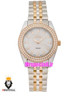 ساعت الکسا زنانه اورجینال استیل دو رنگ رزگلد قاب نگین صفحه سفید 021172 ALEXA Special 