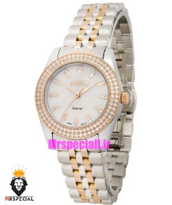 ساعت الکسا زنانه اورجینال استیل دو رنگ رزگلد قاب نگین صفحه سفید 021172 ALEXA Special 