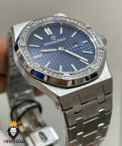 ساعت اودمار پیگه زنانه کوارتز استیل صفحه ابی قاب نگین AUDEMARS PIGUET ROYAL 01261