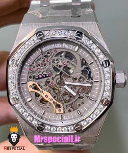 ساعت اودمار پیگه مردانه رویال اوک اتوماتیک قاب نگین صفحه اسکلتون طوسی AUDEMARS PIGUET ROYAL Oak 021128 