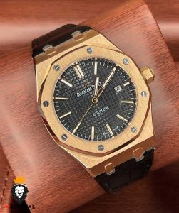 ساعت مردانه اودمار پیگه اتوماتیک رزگلد بند چرم صفحه مشکی AUDEMARS PIGUET ROYAL 4479