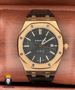 ساعت مردانه اودمار پیگه اتوماتیک رزگلد بند چرم صفحه مشکی AUDEMARS PIGUET ROYAL 4479