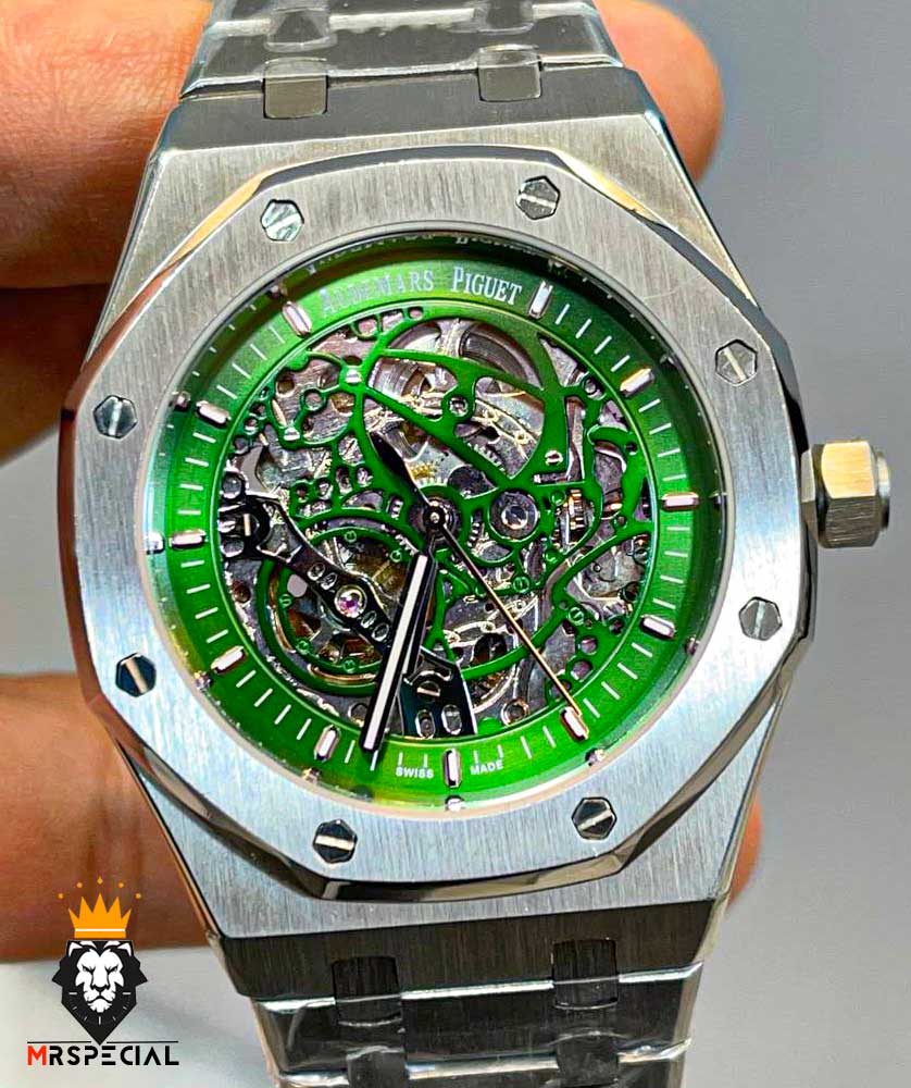 ساعت مردانه اودمار پیگه اتوماتیک استیل صفحه اسکلتون سبز AUDEMARS PIGUET ROYAL 01028