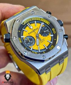 ساعت مردانه اودمار پیگه کرنوگراف بند رابر زرد صفحه زرد AUDEMARS PIGUET Offshore 01002
