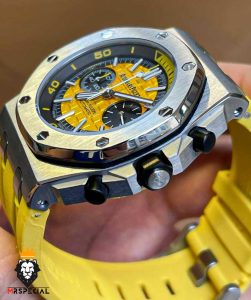 ساعت مردانه اودمار پیگه کرنوگراف بند رابر زرد صفحه زرد AUDEMARS PIGUET Offshore 01002