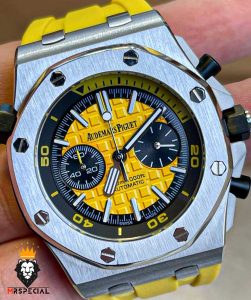 ساعت مردانه اودمار پیگه کرنوگراف بند رابر زرد صفحه زرد AUDEMARS PIGUET Offshore 01002