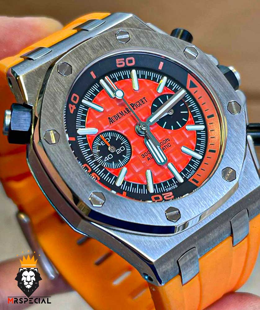 ساعت مردانه اودمار پیگه کرنوگراف بند رابر نارنجی صفحه نارنجی AUDEMARS PIGUET Offshore 01003