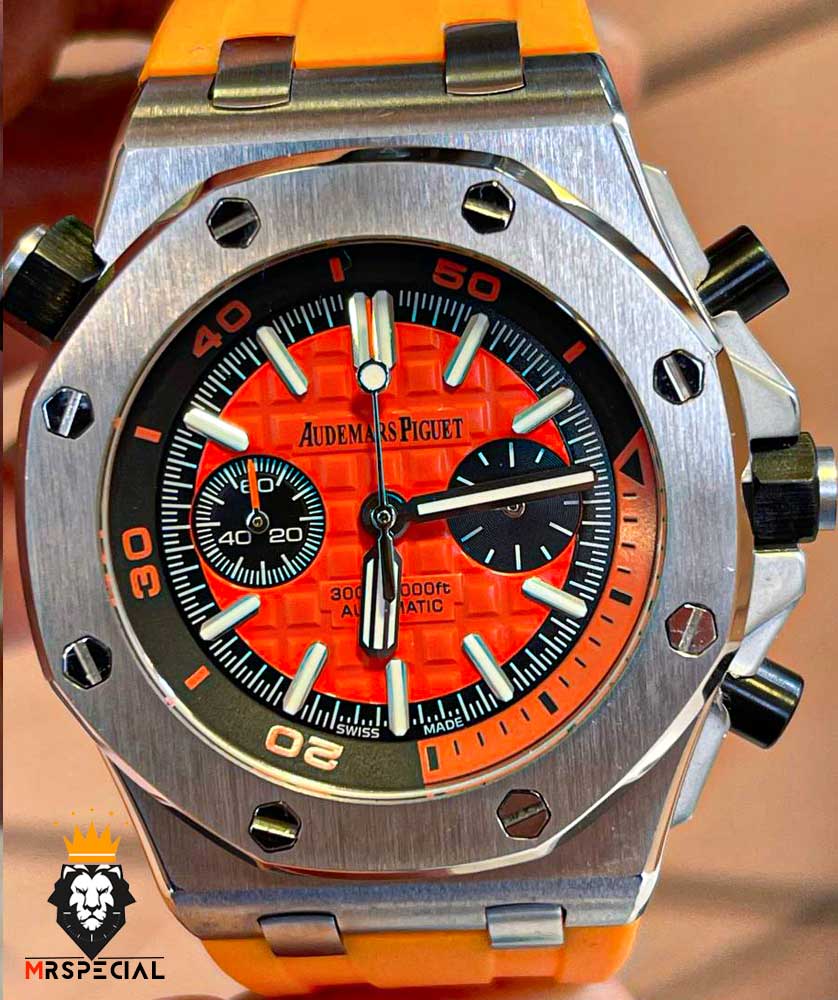 ساعت مردانه اودمار پیگه کرنوگراف بند رابر نارنجی صفحه نارنجی AUDEMARS PIGUET Offshore 01003