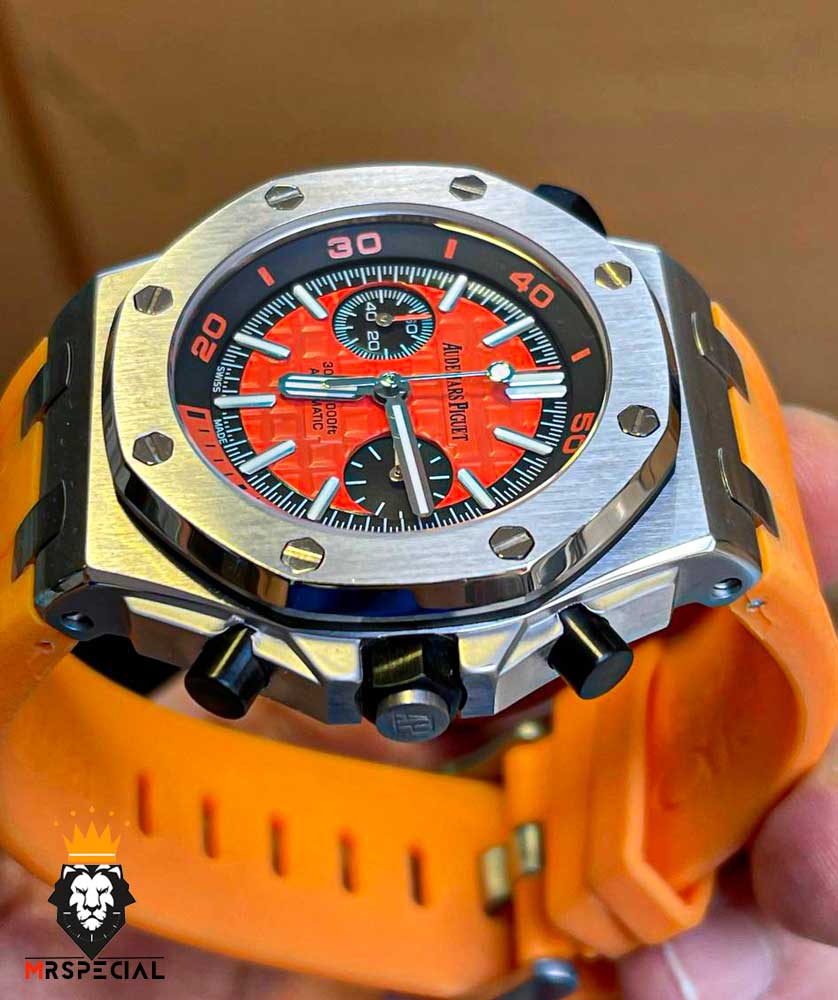 ساعت مردانه اودمار پیگه کرنوگراف بند رابر نارنجی صفحه نارنجی AUDEMARS PIGUET Offshore 01003