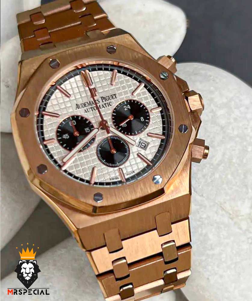 ساعت مردانه اودمار پیگه کرنوگراف رزگلد صفحه سفید AUDEMARS PIGUET ROYAL 01146