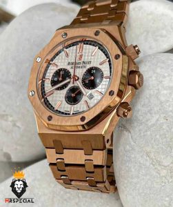 ساعت مردانه اودمار پیگه کرنوگراف رزگلد صفحه سفید AUDEMARS PIGUET ROYAL 01146