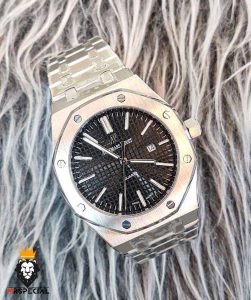 ساعت مردانه اودمار پیگه کوارتز استیل صفحه مشکی AUDEMARS PIGUET ROYAL 0852