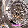 ساعت اودمار پیگه مردانه رویال اوک اتوماتیک قاب نگین صفحه اسکلتون طوسی AUDEMARS PIGUET ROYAL Oak 021128