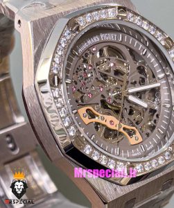 ساعت اودمار پیگه مردانه رویال اوک اتوماتیک قاب نگین صفحه اسکلتون طوسی AUDEMARS PIGUET ROYAL Oak 021128 