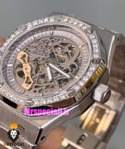 ساعت اودمار پیگه مردانه رویال اوک اتوماتیک قاب نگین صفحه اسکلتون طوسی AUDEMARS PIGUET ROYAL Oak 021128 