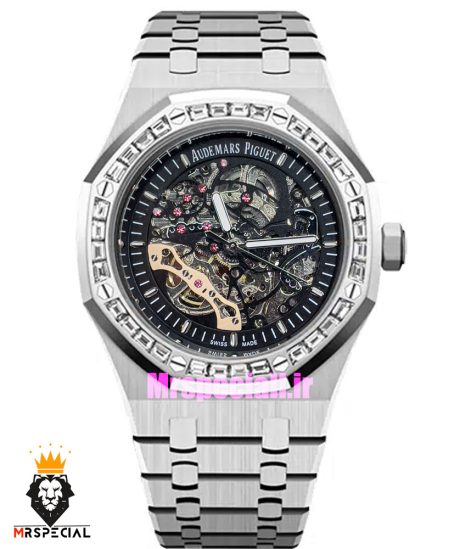 ساعت اودمار پیگه مردانه رویال اوک اتوماتیک قاب نگین صفحه اسکلتون مشکی AUDEMARS PIGUET ROYAL Oak 021130