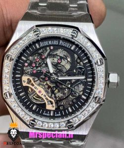 ساعت اودمار پیگه مردانه رویال اوک اتوماتیک قاب نگین صفحه اسکلتون مشکی AUDEMARS PIGUET ROYAL Oak 021130 