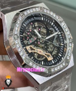 ساعت اودمار پیگه مردانه رویال اوک اتوماتیک قاب نگین صفحه اسکلتون مشکی AUDEMARS PIGUET ROYAL Oak 021130 