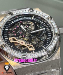 ساعت اودمار پیگه مردانه رویال اوک اتوماتیک قاب نگین صفحه اسکلتون مشکی AUDEMARS PIGUET ROYAL Oak 021130 