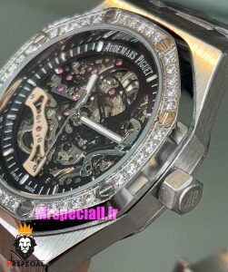 ساعت اودمار پیگه مردانه رویال اوک اتوماتیک قاب نگین صفحه اسکلتون مشکی AUDEMARS PIGUET ROYAL Oak 021130 
