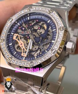 ساعت اودمار پیگه مردانه رویال اوک اتوماتیک قاب نگین صفحه اسکلتون ابی AUDEMARS PIGUET ROYAL Oak 021129