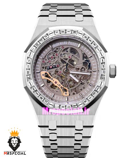 ساعت اودمار پیگه مردانه رویال اوک اتوماتیک قاب نگین صفحه اسکلتون طوسی AUDEMARS PIGUET ROYAL Oak 021128