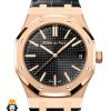 ساعت مردانه اودمار پیگه اتوماتیک رزگلد بند چرم صفحه مشکی AUDEMARS PIGUET ROYAL 4479